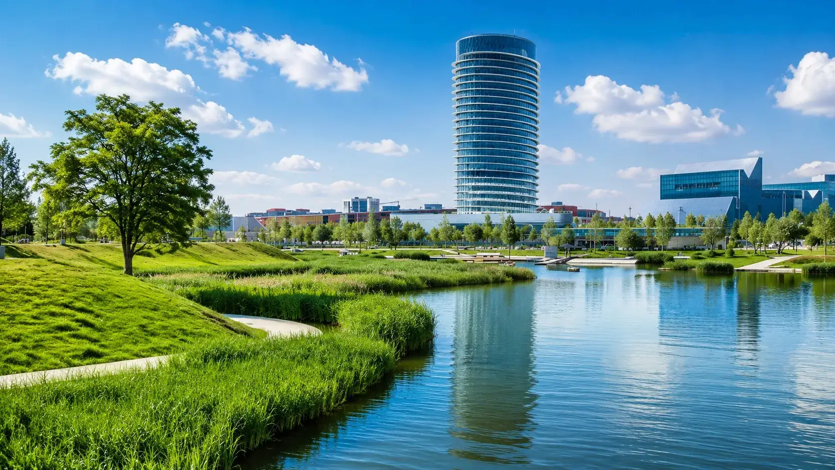 Parque del Agua de Zaragoza con la Torre del Agua y el lago